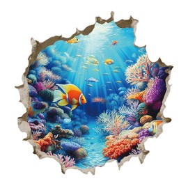 PLIGREAT 2 Sheets 3D Underwater World Wall Decals, Ocean Sea Life Wall Stickers Ocean Fish Floor Wall Decals Vinyl Peel and Stick Wall Decal for Kids Room Nursery Bathroom Living Room Playroom