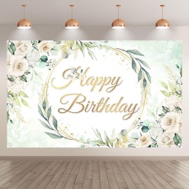 Luminora 72x43inch Watercolor Green Leaves White Flower Happy Birthday Backdrop Gilded Wreath Background Kids Birthday Party Banner Photo Props Booth