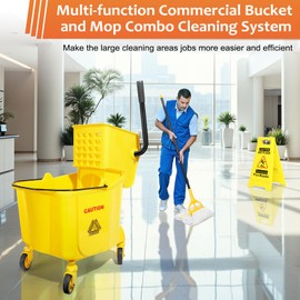 38 Qt Commercial Mop and Bucket Set with Side Press Wringer on Wheels and Mops Set for Floor Cleaning,Including 1 Industrial Mop and Wet Floor Caution Sign,Yellow,Beyoco