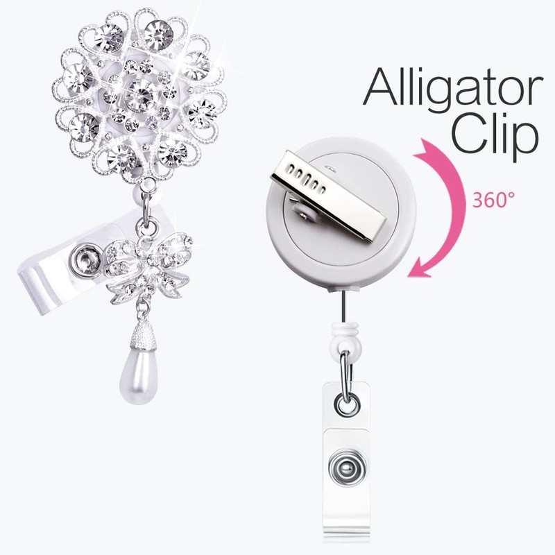 Qinsuee Handmade Bling Rhinestones Retractable Badge Reel, Name Badge Holder