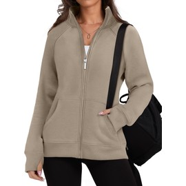 OFEEFAN Women Zipped Up Sweatshirts Casual Fall Fleece Jackets Fashion Long Sleeve Tops Comfy Outfits Oversized Coats Winter Trendy Clothes without Hoodies Khaki S