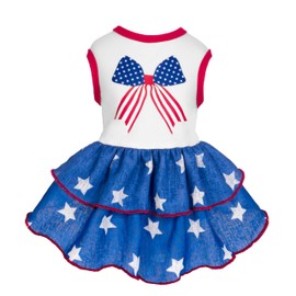 Fitwarm Patriotic Bowknot Tiered Ruffle Dog Dress, 4th of July Clothes for Small Dogs Girl, Pet Outfit, Royal Blue, Red, White, Medium