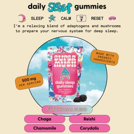 SuperMush Sleep Gummies for Adults - Mushroom Supplement with Magnesium Citrate, L-Theanine, Chaga, Reishi & Chamomile for Deep Sleep, REM & Detox - Vegan & Sugar-Free - 60 Gummies (30 Servings)