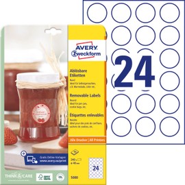 Avery Zweckform 5080 Jam Labels, A4, 240 Round Labels Removable, Diameter 40 mm 10 Sheets White