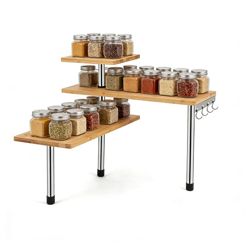HYNAWIN 3-Tier Corner Shelf, Bamboo & Metal Storage Rack with