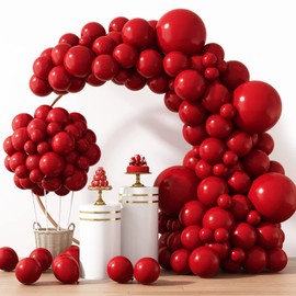 RUBFAC 129pcs Ruby Red Balloon Arch Kit, Different Sizes 18 12 10 5 Inches Cherry Red Latex Balloons for Garland Birthday Wedding Party Decoration