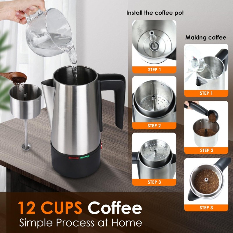HOMOKUS Electric Coffee Percolator 12 CUPS Percolator Coffee Pot,800W Percolator