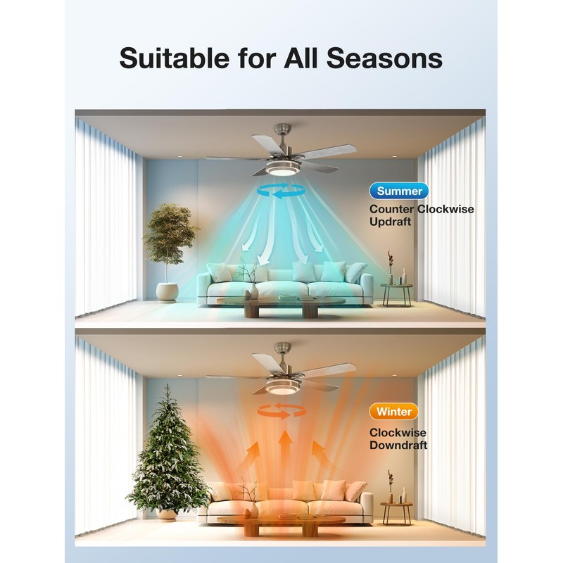 warmiplanet Ceiling Fan with Lights Remote Control, 52 Inch, Brushed