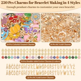 Jupwalz 478 Pcs Gold Charm Bracelet Making Kit for Adults, Includes 13 Pcs Paperclip Bracelet Chains, Enamel/KC Gold Charms, Letter Charms, Pliers, Storage Box & Gift Bags for DIY Jewelry Crafting