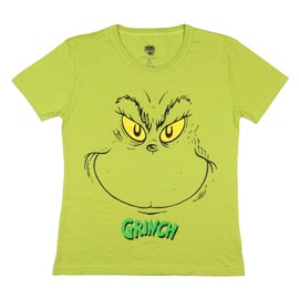 Dr. Seuss GRINCH Women's Grinch Face Adult Pajama Sleep T-Shirt (Green, Small)