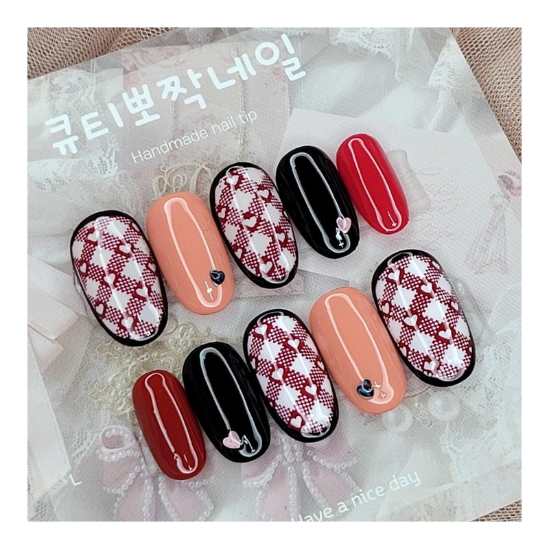 Heart Check Handmade Nail Tips - Square S / 하트