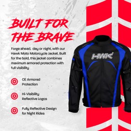 HWK Motorcycle Jacket Men & Women Use, High-Visibility Raincoat w/CE Armor - Polyester Coat for Dirt Bike Enduro Racing, Blue, S, Waterproof Riding Jacket Bike Riding