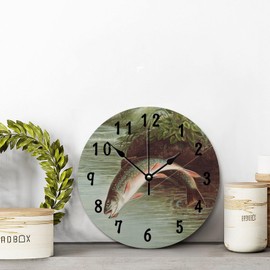 ArogGeld Rainbow Trout Fish Wall Clock Rod Inn FishingLarge Wooden Wall Clocks Battery Operated 10 Inch Farmhouse Hanging Clock Modern Wall Decor for Bedroom Living Room Kitchen School Office