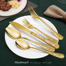 Meythway 40-Piece Vintage Carved Gold Silverware Set for 8, Stainless Steel Flatware Set with Knife/Fork/Spoon, Cutlery Set for Home and Kitchen, Utensil Set with Dishwasher Safe