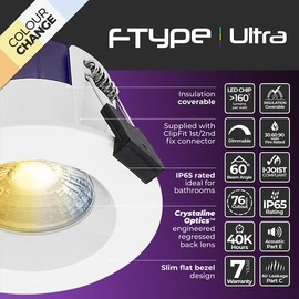 Luceco FType Regressed Ultra Change and 4Colour 2700K, 3000K, 4000K, 6000K Colour Change Temperature Downlight, 4W/6W, IP65 Rated, White