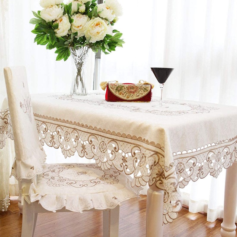 Lelehome Mantel de encaje crema con bordado de flores marrón,