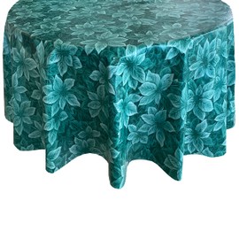 Newbridge Mantel de Navidad de vinilo con diseño de flor de pascua verde Hunter con reverso de franela, mantel de vinilo con aspecto de damasco de Pascua y acebo, 70 pulgadas redondo