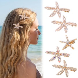 5Pcs Starfish Hair Clips, Gold Pearls Crystal Beach Hair Clips Cute Mermaid HairClips Rhinestone Bride Wedding Head Pieces Fashion Beach Accessories for Women and Girls