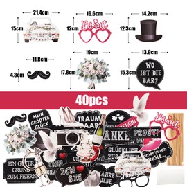 German Pack of 40 Wedding Photo Booth Props Words Photo Booth Props Photo Box Accessories Hat Tie Glasses Photo Props Wedding Photo Decorations for Wedding JGA Party Accessories