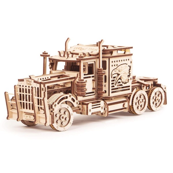 Wood Trick Big Rig Mechanical Toy Truck - 14x6″ - Powerful Rubber Band Motor - Realistic Semi Truck Wooden Model Kit for Adults and Kids - 3D Wooden Puzzle