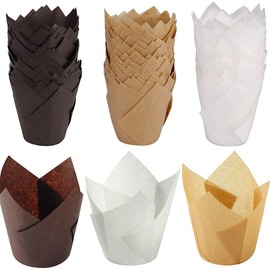 Pack of 150 Cupcake Baking Paper for Cupcakes, Muffins, Tulip Muffin Cases Paper, Tulip Muffin Cases, for Home and Party Wrapping Cakes (Dark Brown, Light Brown and White)