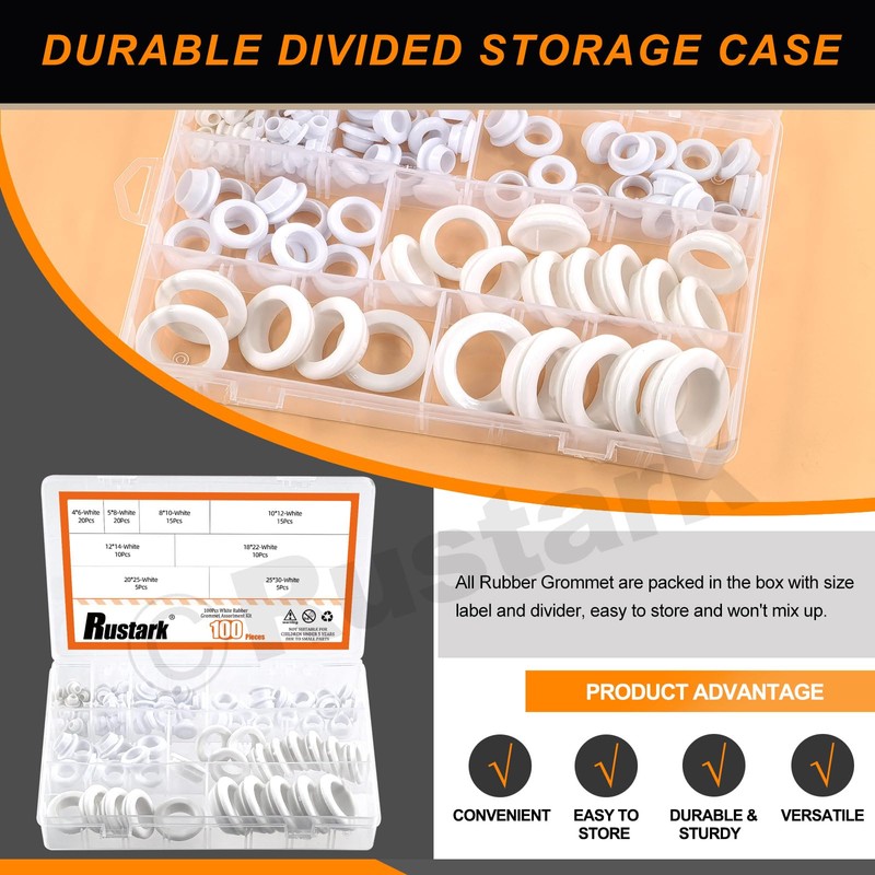 Rustark Pack of 100 8 Sizes White Rubber Grommets Assortment
