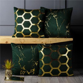 Red Rainbow 4 Pack Gold Metallic Velvet Cushion Covers Marble Hexagon 18 inch 45 cm Square (Green)