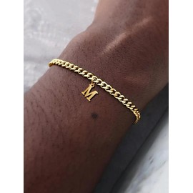 Letter Charm Decor Cuban Chain Bracelet, Fall Simple Stainless Steel Jewelry for Men, Trendy Versatile Accessories - Color: Golden, Specification: O