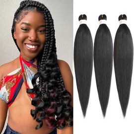 Leeven 16 Inch Pre Stretched Braiding Hair Black Kanekalon 3 Packs EZ Braiding Hair Crochet Braiding Hair Extensions /1B
