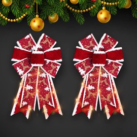 ABTOLS 2PCS Christmas LED Wreath Bows, Red Velvet Bows for Wreath Rustic Farmhouse Bows for Front Door Winter Red Bows Christmas Glitter Deer Tree Bows for New Year Indoor Outdoor Xmas Decor