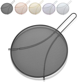 Black Splatter Screen for Cooking 9.8'', Stainless Steel Grease Splatter Guard for Frying Pan, Fine Mesh Splatter Screen with Resting Feet, Comfort Grip Handle, Safe Cooking Lid, Keeps Kitchen Clean