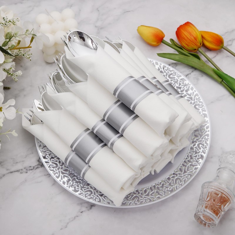 Supernal 60 Pack Pre-Rolled Silver Plastic Cutlery Heavy Duty Wrapped