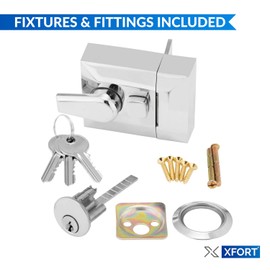 XFORT® Narrow Deadlocking Night Latch 40mm, Complete with Rim Cylinder and 3 Keys, Elegant Polished Chrome Nightlatch, External Door Lock for Front Door, High Security for Your Home or Workplace