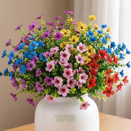 15 Flores Artificiales Decoracion, Flores Artificiales Violeta con Hojas de Eucalipto, Flores de Tela Resistentes al Sol, Violeta de Eucalipto Simulada, Decoración para Jardín, Balcón, Macetas