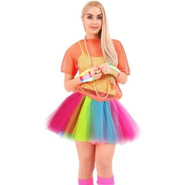 RichMoho Girls 80s Fancy Costume Ladies Women Girls 80S Party Outfit Accesories 80S Fancy Dress Costume Ladies Night Out Including Pink Women Tutu Fishnet Gloves Neon Necklace Earings
