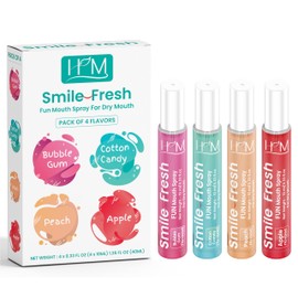 HM - Dry Mouth Fun 4 Flavoured Spray - Peach, Bubble Gum, Cotton Candy & Apple - Alcohol Free, Instantly Hydrate & Moisturize, Ph Balanced, Promotes Saliva Production & Soothes Pack of 4 x 0.33 oz