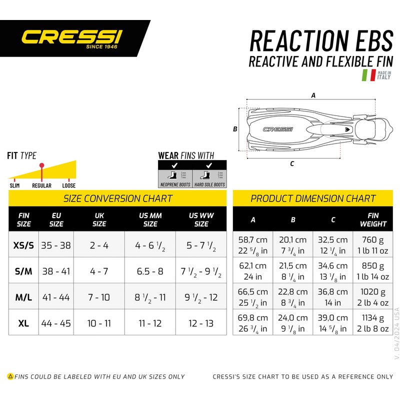 Cressi Reaction EBS Adjustable Open Heel Fins, Black/Silver, L/XL