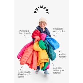 Primary Kids Lightweight Puffer Jacket, Water-Repellent and Windproof, Made with 100% Recycled Materials (Fuchsia, Size 10)