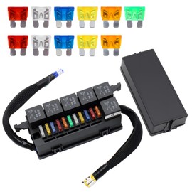TOMSHIELE 12V Fuse Relay Box with 6 Pcs 4 Pins Slots Relays and 22 Way ATC/ATO Blade Fuse Holder (11 Fuses + 11 Free Fuses), for Auto Car Marine Boat