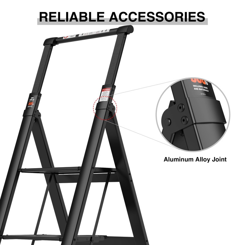 4 Step Ladder with Retractable Handgrip, Folding Step Stool with