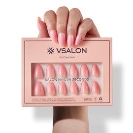 VSALON Press-On Nails - Short Almond Pink Ombre Cream Finish False Nails, 32 Count (Pack of 1), 32 Pieces, 23 Sets, Plastic, Round, Glossy, UV Cure & Nail Glue Included