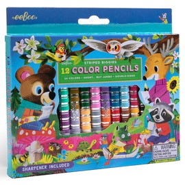 eeBoo: Striped Biggies 12 Color Pencils: Woodland Friends - 12pc Double-Sided Pencils, 24 Colors, Includes Sharpener, Art Supplies, Kids Ages 4+