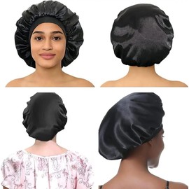 Adjustable Satin Shower Cap, Long Curly or Frizzy Hair Protection for Women, Satin Hat, Night Cap, Silk Hair Bonnet (Dark Green)