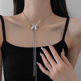 Wendalern Long Lariat Necklaces for Women Silver Butterfly Drop Y Necklace Butterfly Pendant Sliding Necklace Adjustable Box Link Chain Y Necklace Jewellery for Women Girls, Zinc, No Gemstone