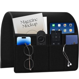 HAPLIFEZ Remote Holder for Recliner Armchair & Couch, Non Slip Sofa Armrest Organizer Caddy with 6 Pockets Thick Linen Fabric Storage for Tablet, Phone, 19x35 Inches, Black