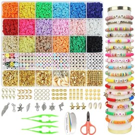 Kit para hacer pulseras con cuentas de arcilla 5100, cuentas planas de muy buen gusto para hacer joyas de amistad, cuentas de polímero Heishi con dijes, regalos para adolescentes y niñas, manualidades para niñas de 8 a 12 años (multicolor)