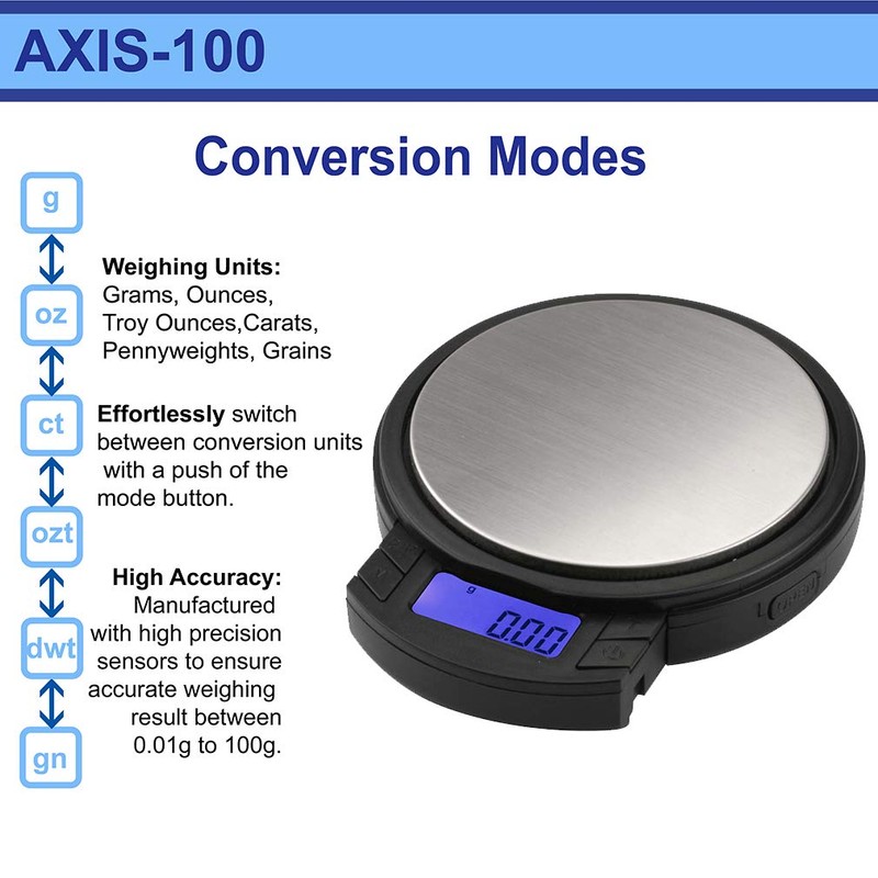 American Weigh Scales AXIS-100 Digital Pocket Scales, Stainless Steel, Backlit