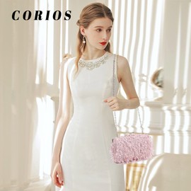 CORIOS Women's Evening Bag Small Clutch Removable Chain Bag Wedding Bridal Handbag Purse Bag Shoulder Bag Elegant Shoulder Bag for Wedding Evening Party Dance Party, pink, Unique, elegant