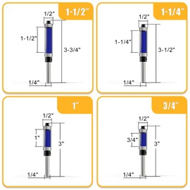 MEANLIN 4Pcs Flush Trim Top and Bottom Bearing Router Bit 1/4Inch Shank for Woodworking, Cutting Diameter:1/2Inch, Cutting Length:3/4 Inch, 1 Inch, 1-1/4 Inch, 1-1/2 Inch with Router Collett