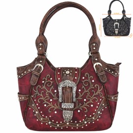 Western Style Tooled Leather Buckle Concealed Carry Purse Country Handbag Women Shoulder Bag Wallet Set (Red Set)